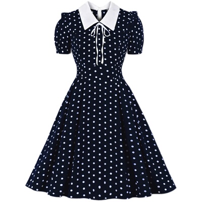 温柔复古风减龄波点大摆连衣裙