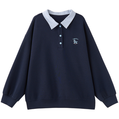 韩版学院风藏青色格子Polo领卫衣