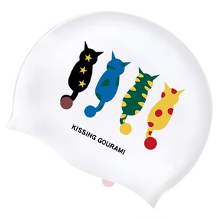 KISSINGGOURAMI新款白底小猫硅胶泳帽女长发防水不勒头专业游泳帽