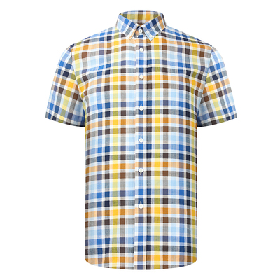 乔治白春夏男士短袖衬衫纯棉纽扣领蓝黄格子衬衣休闲修身绅士扣