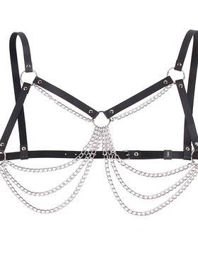 网红男模同款个性夸张颈圈胸链性感身体链皮质 演出直播流苏装饰