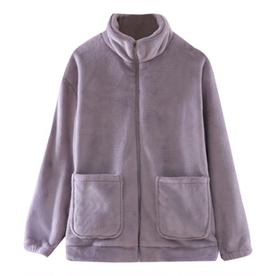 拉链立领法兰绒睡衣女单件上衣秋冬加厚加绒可外穿珊瑚绒家居服