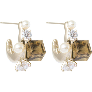 方糖家 美拉德咖色水钻珍珠弧形耳环秋冬巨好看2026新款耳饰小众