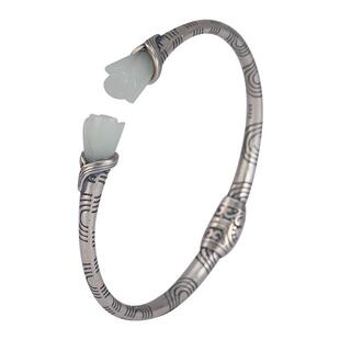 镀s999泰银白玉兰花经典手镯复古做旧花纹活扣鎏金饰品可调节手环