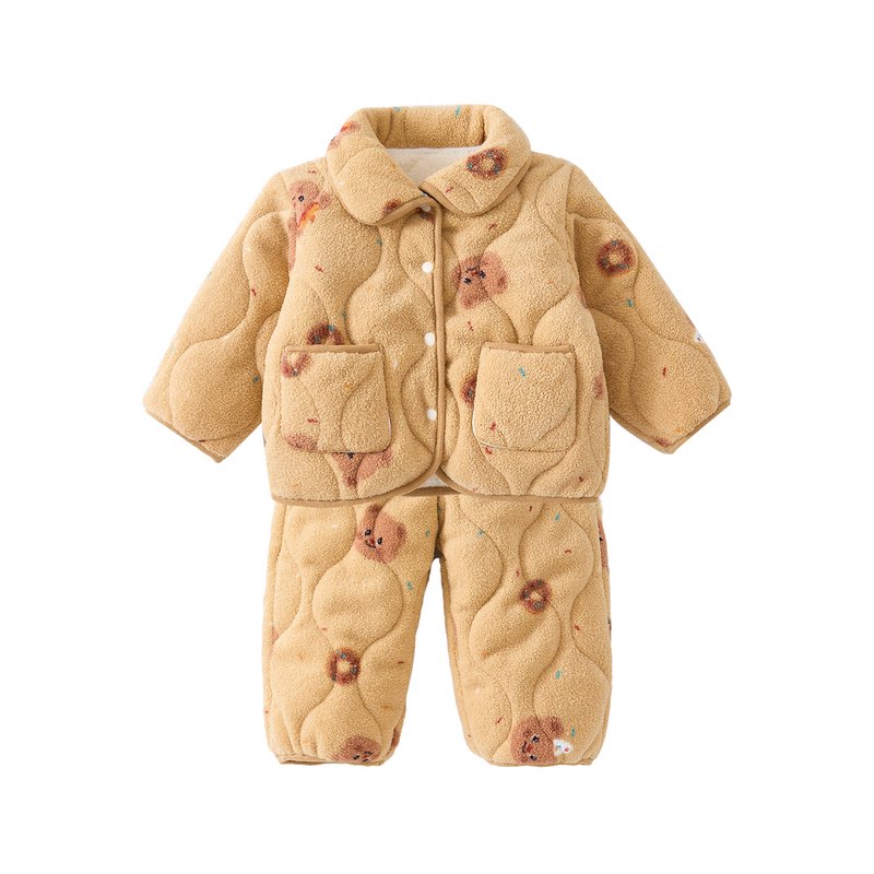 婴儿冬装绗棉加绒加厚家居服套装