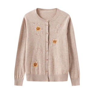 春竹纯绵羊毛宽松保暖气质显瘦圆领复古钩花开衫大红毛衣女短外套