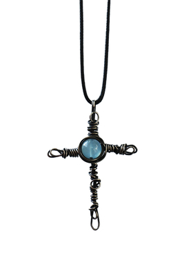 原创复古天然海蓝宝十字架项链