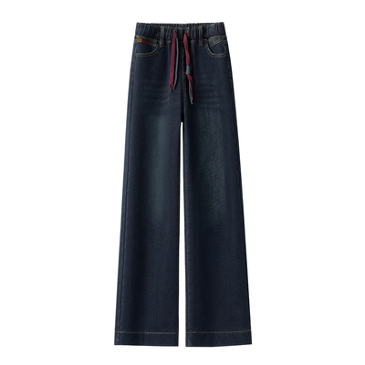 松紧腰加绒加厚牛仔裤女2025冬季新款高腰直筒宽松显瘦保暖阔腿裤