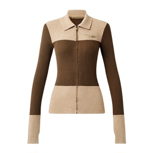 BeerBro 美式复古拼接设计修身开衫毛衣女秋冬修身显瘦针织外套