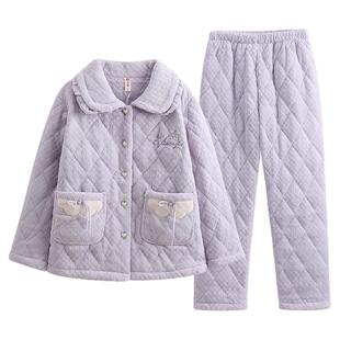 芬腾紫色时尚睡衣女冬季三层加厚夹棉珊瑚绒加绒保暖家居服可外穿