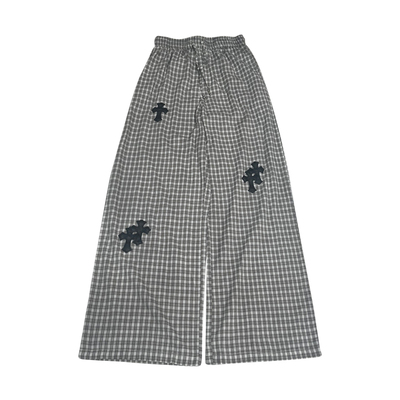 WUBAIZI | 美式街头时髦亚麻刺绣十字标洗水喷色工艺格子裤女2567