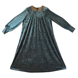 脸儿艺高档顺滑金丝绒 复古小碎花柄 蕾丝领 宽松森女 连衣裙