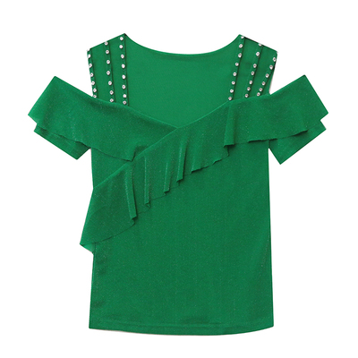 性感一字领锁骨荷叶边网纱T恤女