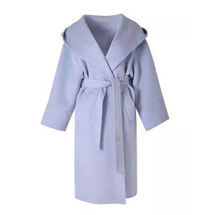 竹依依宽松斗篷连帽双面羊绒大衣女长款过膝蓝色纯羊毛呢外套春季