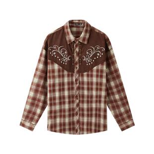 三福2026春季男士拼皮民俗图案长衬衫 潮流宽松格子上衣518581