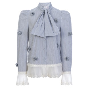 lefame拉飞姆2026早春新品时尚条纹立体花朵撞边直身长袖衬衫上衣