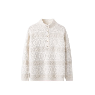 羚荌渼立体绞花翻领毛衣羊绒衫