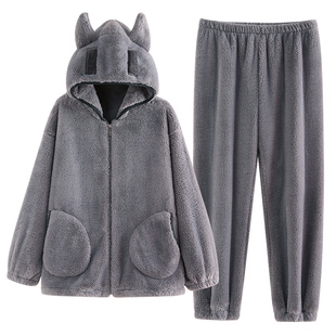 男士睡衣秋冬款加绒加厚珊瑚绒保暖青少年家居服冬天休闲连帽套装