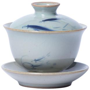 手绘三才盖碗茶杯单个不烫手原矿高端大气景德镇仿古老青花泡茶碗