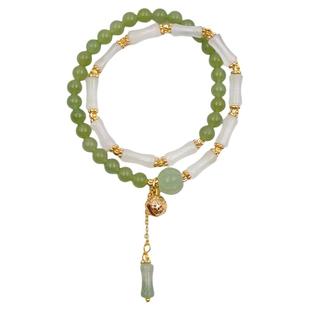 新中式双圈天然和田玉竹节手链叠戴女款串珠绿色国风小众多圈手串