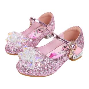 女童高跟鞋爱莎水晶洋气软底女宝小皮鞋配礼服女孩艾莎公主儿童鞋