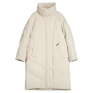 ELLE米白色中长款立领鹅绒羽绒服女2025冬季新款休闲气质加厚外套