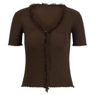 OTHERSTORE 黄油曲奇 复古木耳边针织开衫女气质显瘦修身V领上衣