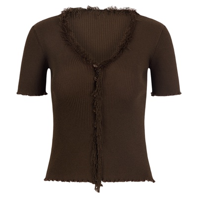 复古V领木耳边针织开衫修身上衣