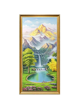 手绘油画风景山水金山聚宝盆玄关装饰画走廊过道挂画竖版轻奢壁画