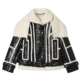 2025冬Outlets正品 高端AF系列机车复古拼接时尚一体绒皮衣外套女