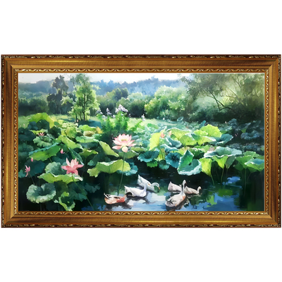 手绘荷花鱼塘鸭子装饰画简约卓克