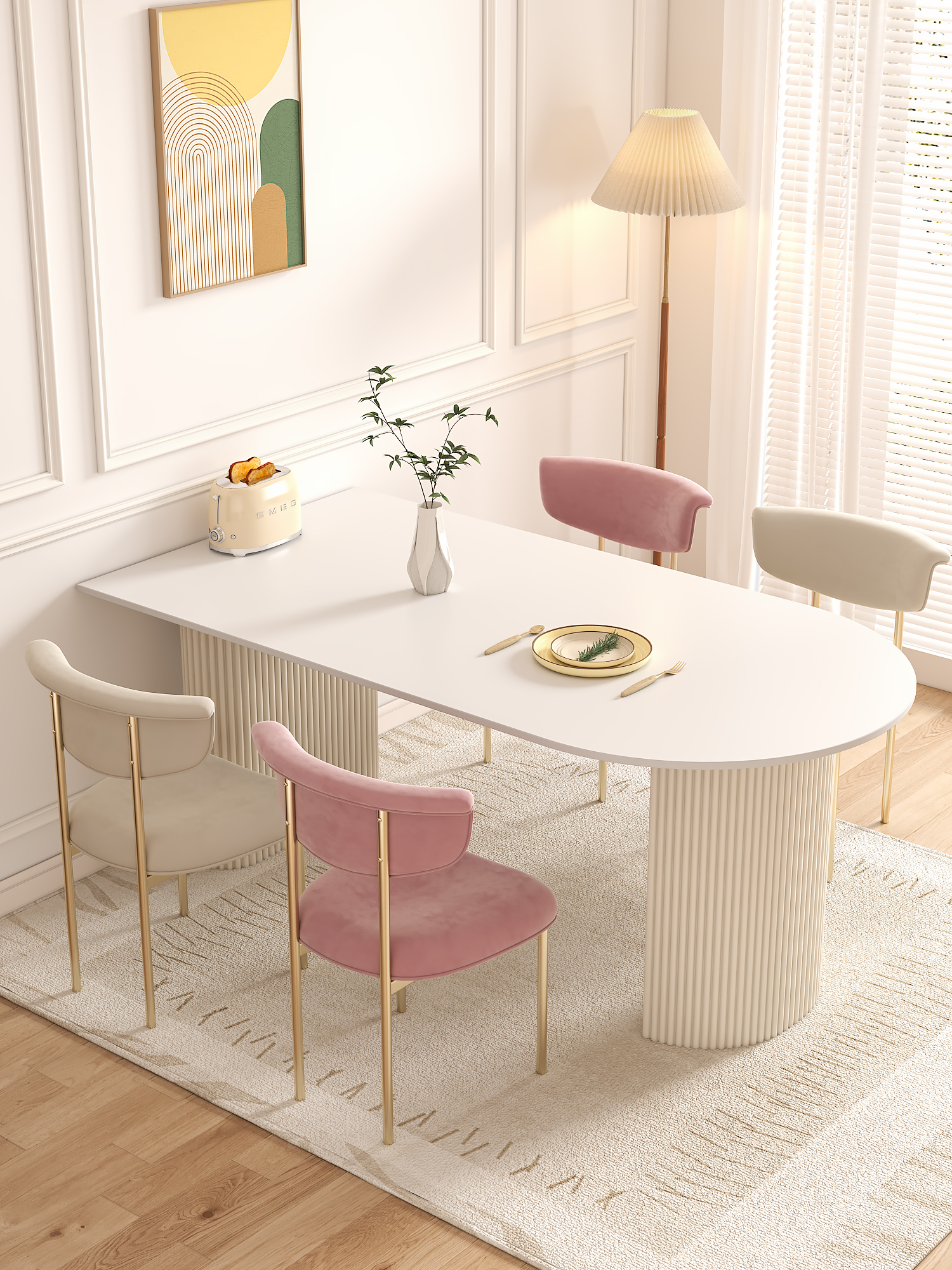 奶油风纯白岩板餐桌家用小户型现代简约轻奢岛台椭圆形餐桌椅组合