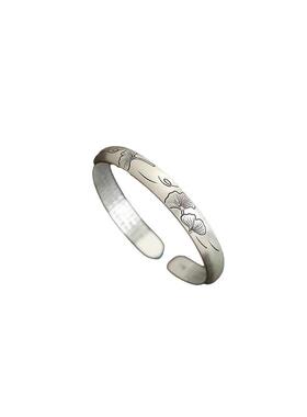 999实心足银银杏叶印花纯银手镯女新款复古民族风银饰小众镯子