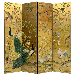 法式复古中国风手绘金箔孔雀屏风客厅茶室民宿餐厅会所折叠屏背景