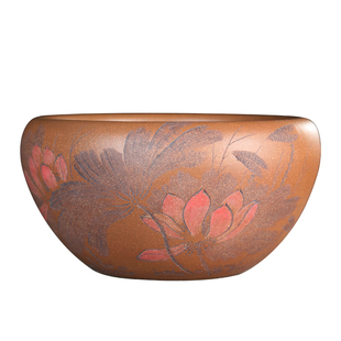 神力精品紫砂花盆大口径无底孔荷花缸锦石全手工刻绘水培铜钱草盆