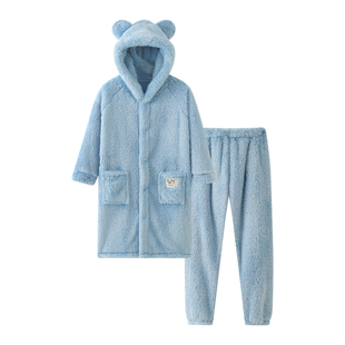 儿童睡袍秋冬季珊瑚绒加厚款女童睡衣法兰绒女孩初中生男童家居服