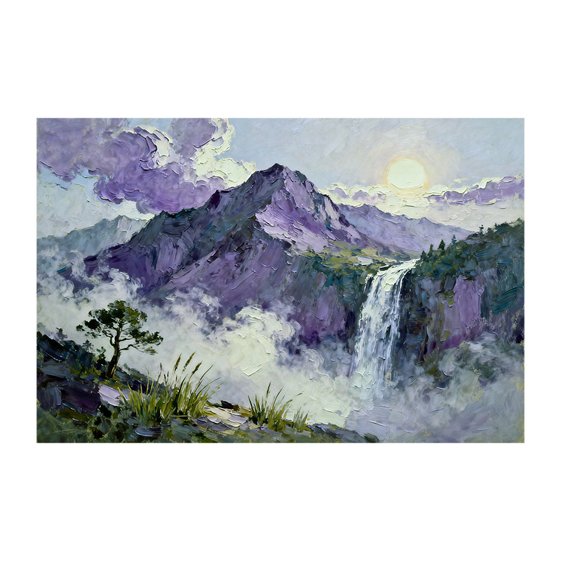 可班纯手绘油画紫气山峦横版壁画