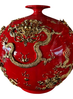 中式金箔九龙陶瓷花瓶摆件