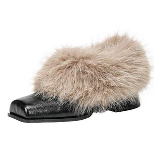 EBLAN/伊伴复古高跟毛毛鞋女2025冬季新款加绒保暖方头玛丽珍单鞋