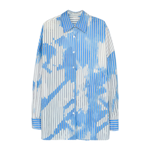 因由 小众定制晕染印花竖条纹廓形宽松落肩袖时尚休闲衬衫女上衣