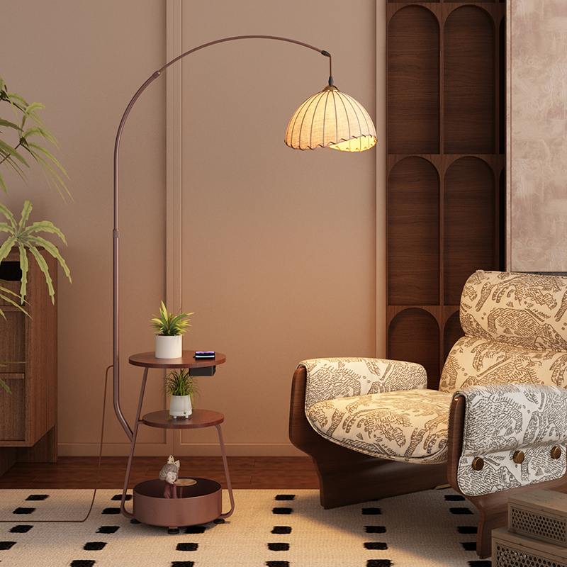 客厅落地灯钓鱼灯床头柜台灯一体中古风复古置物架卧室氛围灯具