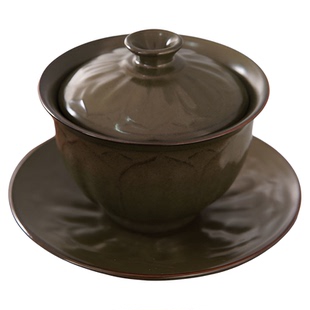 耀州窑仿古中式复古茶叶末釉青瓷纯天然矿石釉粗陶薄胎三才盖碗