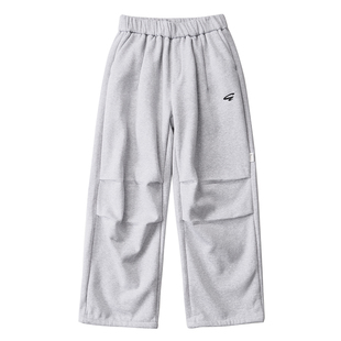 ACTIONS秋冬基础刺绣加绒卫裤宽松褶边阔腿抽绳松紧束脚休闲长裤