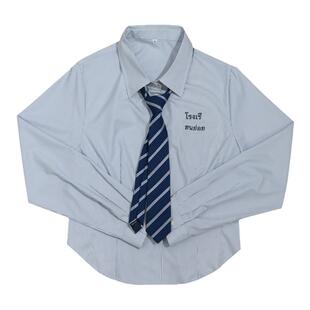 阿车家的大码jk胖mm原创条纹收腰衬衫设计感小众短长袖学院风上衣