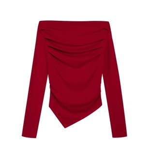 NEVA HU 诠释优雅 一字肩斜肩长袖t恤女露肩修身不规则设计感上衣