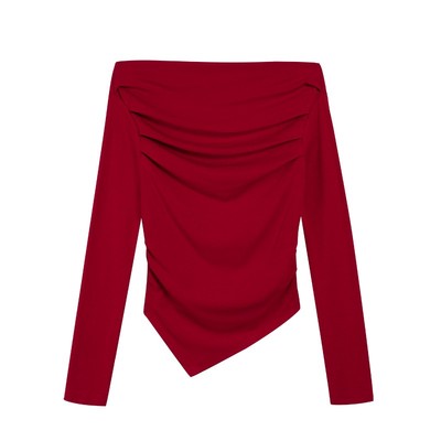 NEVA HU 诠释优雅 一字肩斜肩长袖t恤女露肩修身不规则设计感上衣