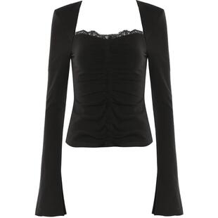 DPLAY秋季气质黑色打底衫方领修身蕾丝打底内搭女上衣t恤
