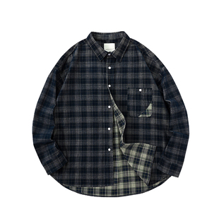 WHIMNOTION 格纹色织灯芯绒长袖衬衫口袋拼接百搭休闲上衣外套男