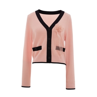 COCOON商场同款法式撞色粉色立体胸花针织开衫女春款