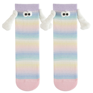 情侣牵手袜子女春夏款棉袜中筒袜ins潮可爱搞怪会拉手的长筒袜男